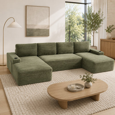 Canapé modulaire en U surdimensionné en velours côtelé de 133,4 po de largeur avec méridienne double et porte-gobelets intégrés