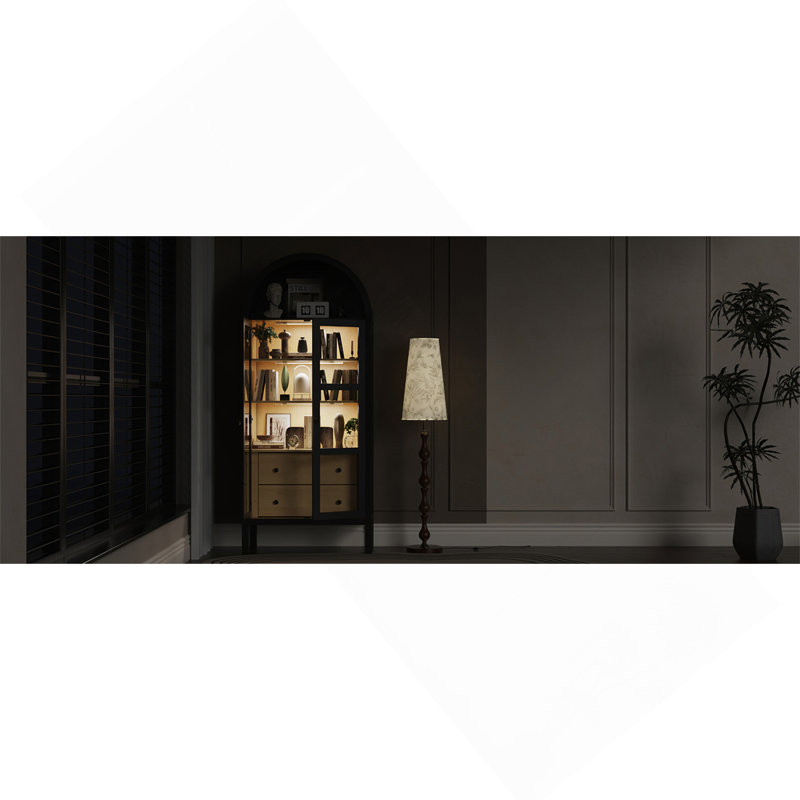 Armoire arquée avec portes en verre, tablette réglable en hauteur et 2 tiroirs, Noir
