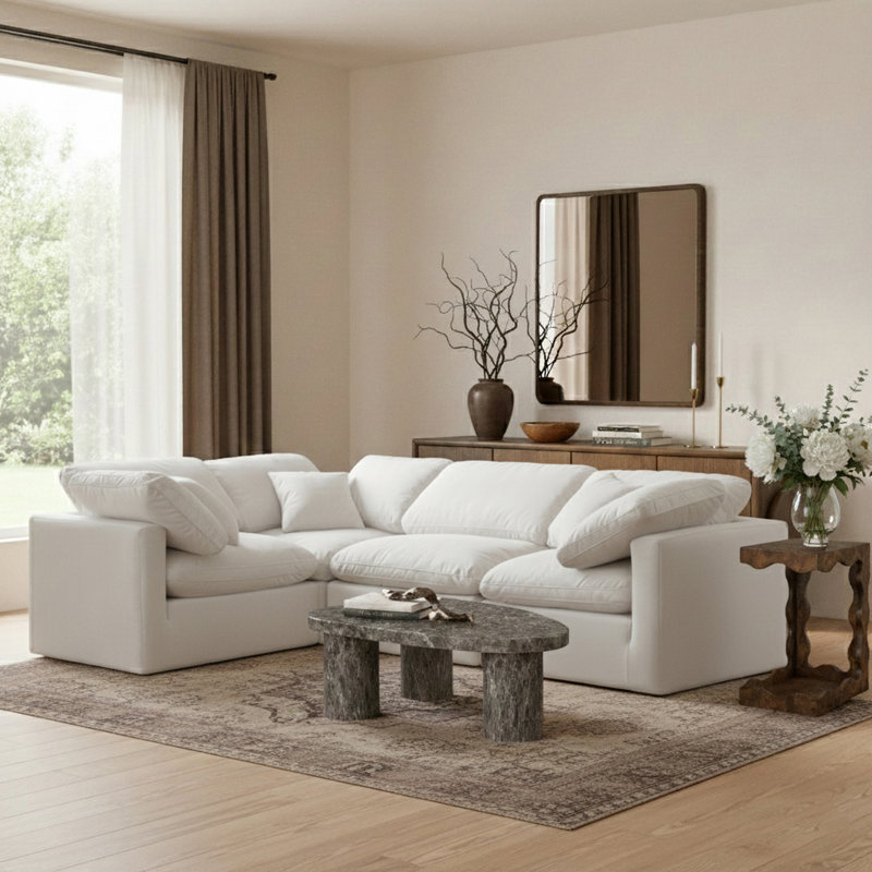 Itala Velvet L-Shaped Sectional Reversible, Cream Velvet