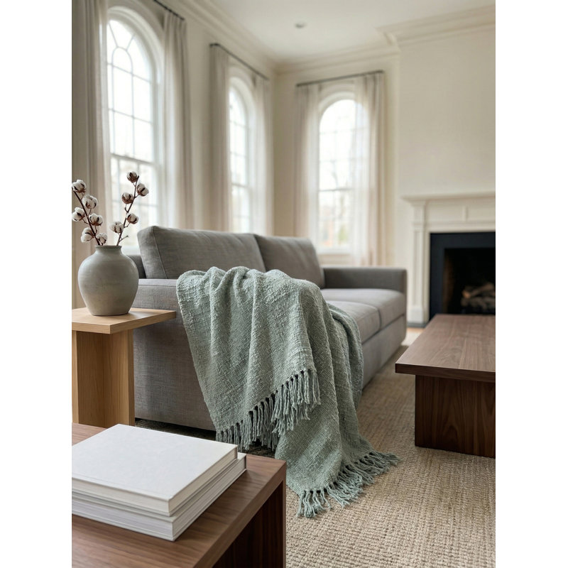 Breezy Blue Cozy Cotton Boucle Throw with Fringe, Aqua