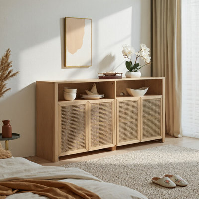 63" Mid Century Modern Rattan Sideboard Buffet Cabinet With Storage
