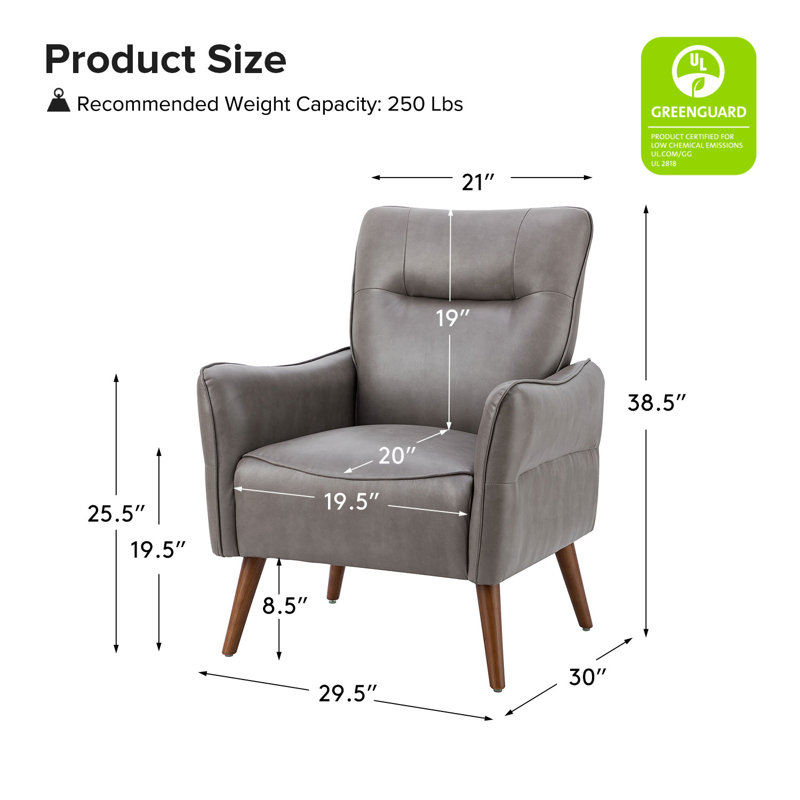 Amylee Modern Faux Leather Armchair with Solid Wood Legs, Gray Faux Leather