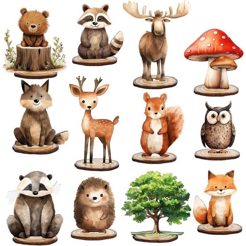 Ensemble de panneaux de table animaux de la forêt - bois naturel - découpes d'animaux de la forêt avec base
