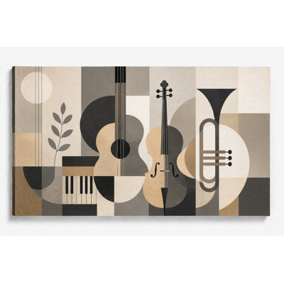 Grande musique moderne Mid-Century, art mural, guitare, violon, trompette, piano, toile, décor neutre pour salon, impression sur toile 24 x 36 pouces - prête à être accrochée