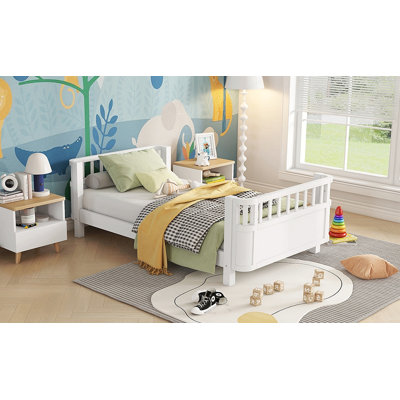 Lit plateforme simple en bois pour enfants, lit simple en bois à profil bas avec rails pour filles et garçons, blanc