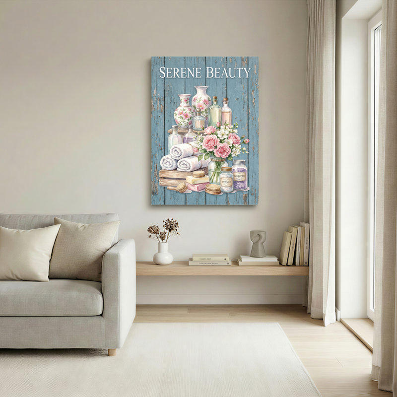 Ensemble de 1 tableau sur toile tendue représentant des fleurs et des accessoires de bain, intitulé « Beauté sereine ».
