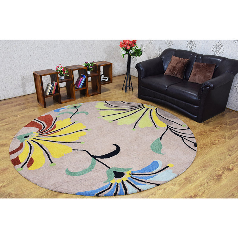 Styles Hand Tufted Wool Eco-Friendly Area Rugs - Round, Camel Color, Floral Modern Design, High Pile Thick Handmade Anti Skid Area Rugs for Living Room, Bed Room