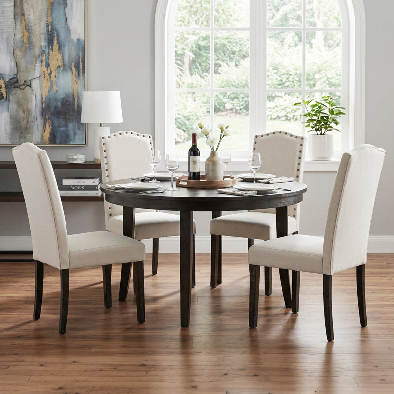 High Back Upholstered Dining Chairs With Nailhead Trim, White Fabric