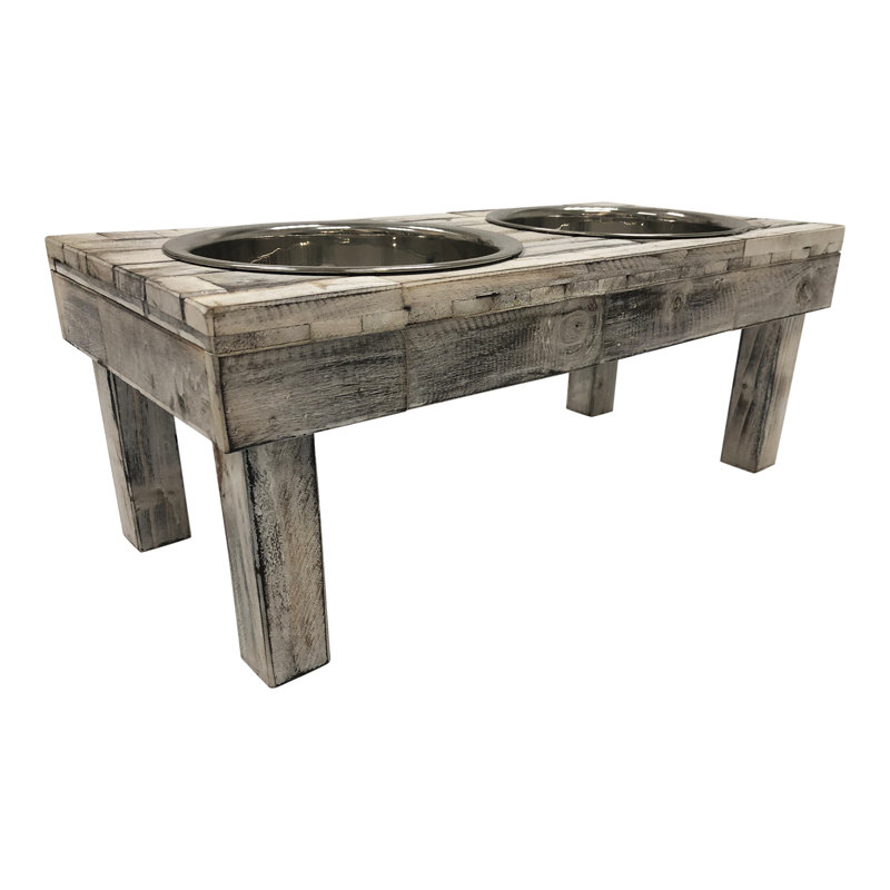 Large White Wash Reclaimed Wood Elevated Double Bowl Feeder