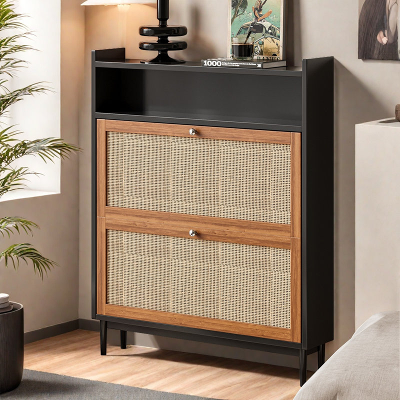 Simple Solid Wood and Rattan Narrow Shoe Cabinet