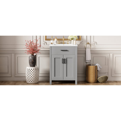 Meuble-lavabo de 24 po avec lavabo en céramique, conception de rangement intelligent, cadre en bois massif, fonction de fermeture en douceur et poignées noires pour l'organisation, lavabo, tiroir rabattable, rangement à double porte, U réglable