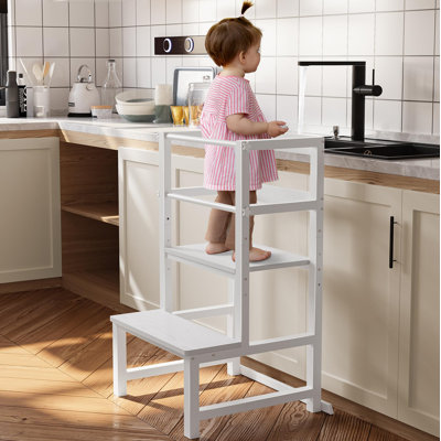 Adjustable Toddler Step Stool with Safety Rail - Sturdy Wood & Steel for Kids, Non-Slip Toddler Stool for Cooking & Counter Access