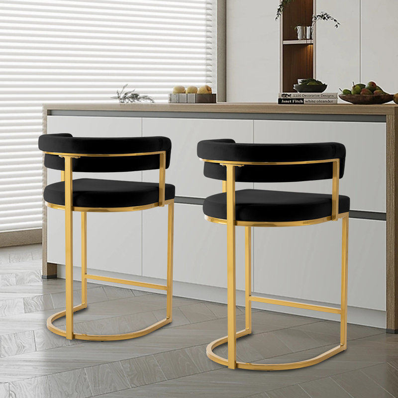 Modern Velvet Bar Stools With Barrel Backrest, Upholstered Seat, And Metal Footrest – 25.6-inch Seat Height, Ideal For Counters, Home Bars, And Kitchen Islands
