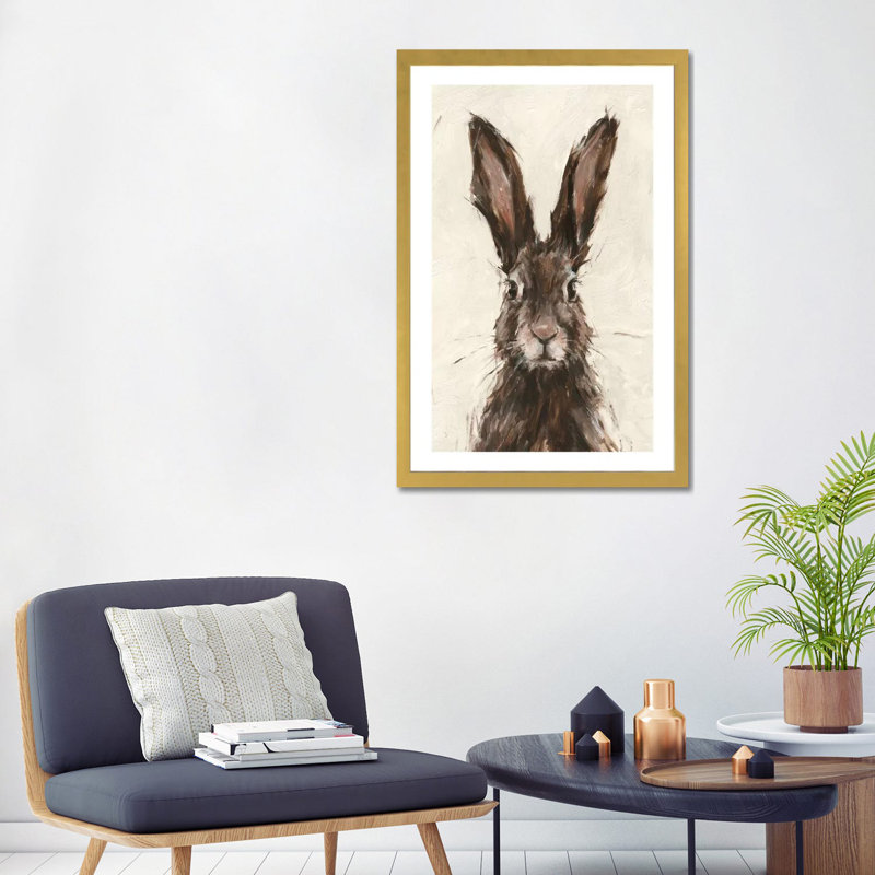 «European Hare I» par Ethan Harper - reproduction d'art, Blanc, H 32 po x l 24 po x P 1 po, Papier encadré doré