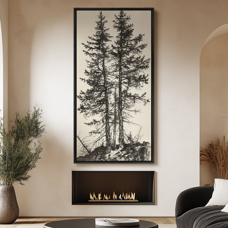 Vintage Pine Tree Drawing Classic Country Rustic Artwork - Extra Large Framed Wall Art Canvas Print, 60" H x 30" W, Black