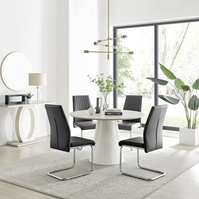 Statement 4 Person Round Dining Table Set in Luxury Beige Stone Effect - Faux Leather Dining Chairs