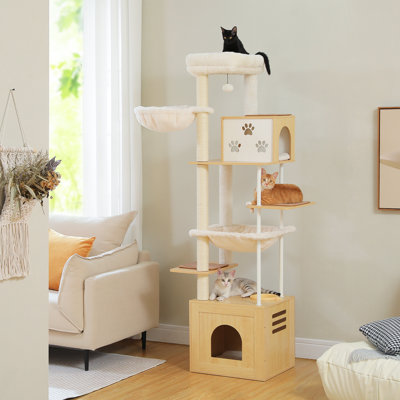 Arbre à chat 75 pouces en bois moderne avec plateformes multi-niveaux, condos pour chat, nid supérieur, hamacs et poteaux à griffer