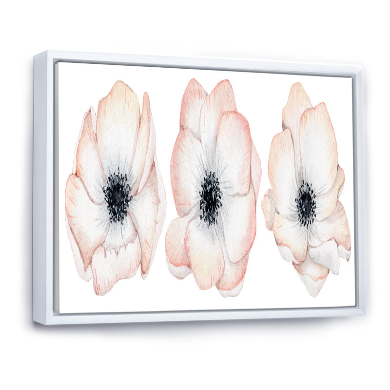 Aquarelle, anémone et fleurs roses - Peinture sur toile, H 30 po x l 40 po, Cadre flottant blanc
