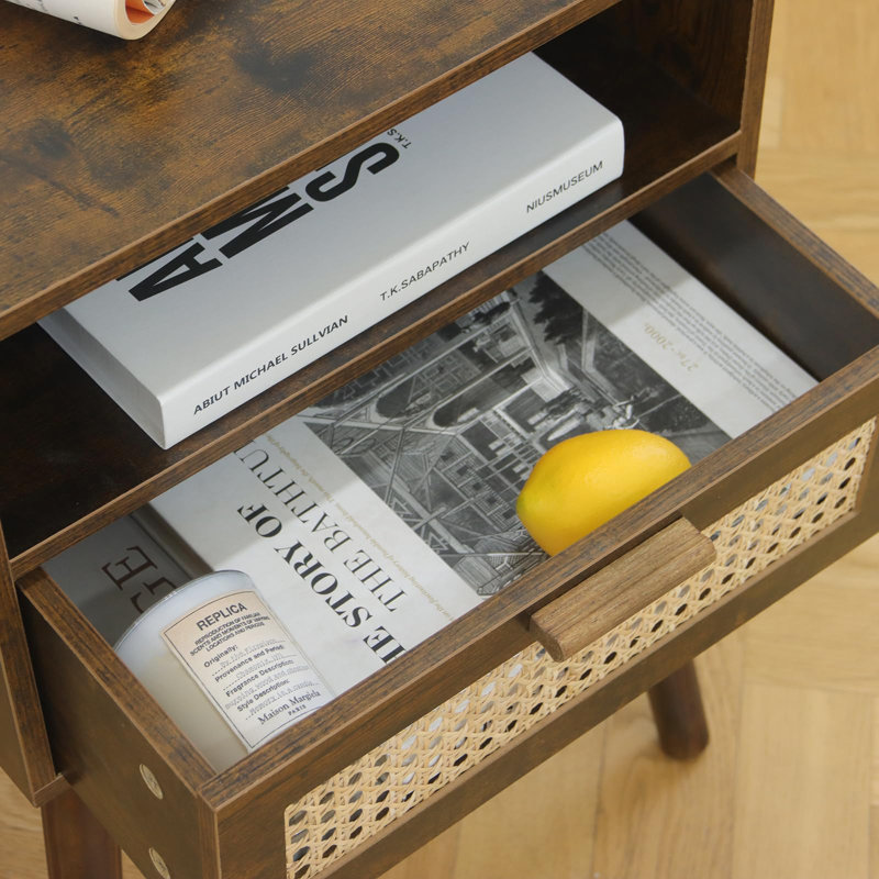 Table de chevet Mid-Century, table d'appoint en rotin avec tiroir, table de chevet moderne en bois