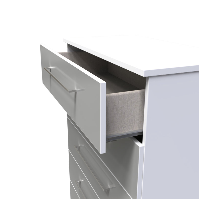 Fully Assembled Alizee 5 - Drawer Chest of Drawers, Uniform Grey Gloss/White
