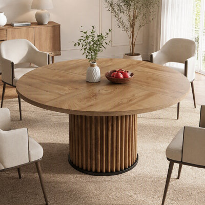 Table de salle à manger ronde de 119 cm (47 po), table de cuisine en bois de style milieu du siècle avec piètement en métal cannelé, pouvant accueillir jusqu'à 6 personnes pour la salle à manger et le bureau