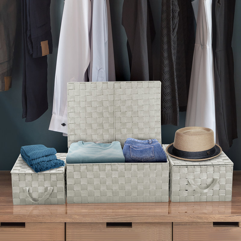 Beige Woven Fabric Storage Basket Set with Lids