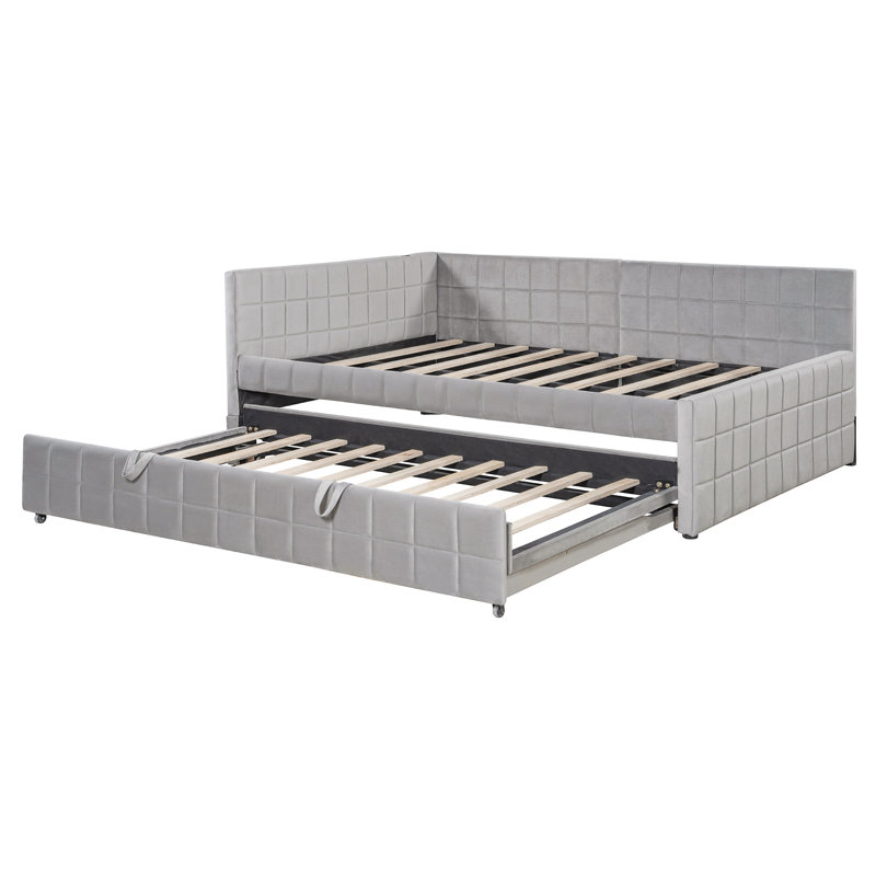 Lit de jour rembourré en L pleine grandeur avec lit gigogne escamotable et ports USB, Gris