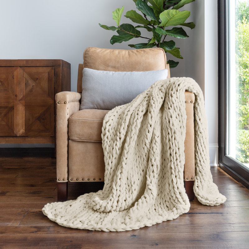 Handmade Chunky Knit Throw Blanket, Ivory