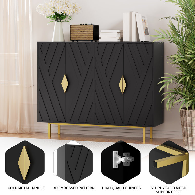 Black MDF Accent Cabinet with Gold Handles and Adjustable Shelving