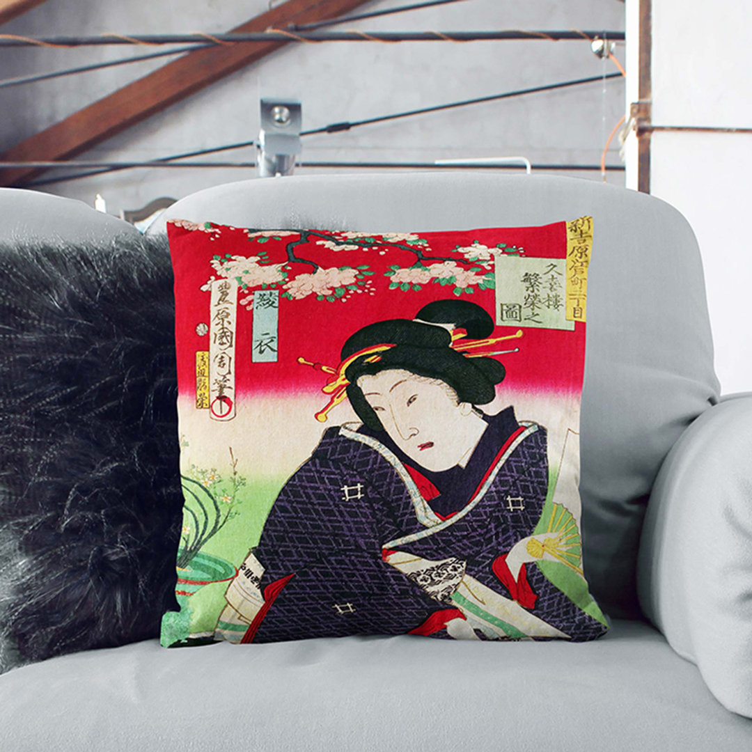 A Lady with a Fan by Toyohara Kunichika Cushion with Filling