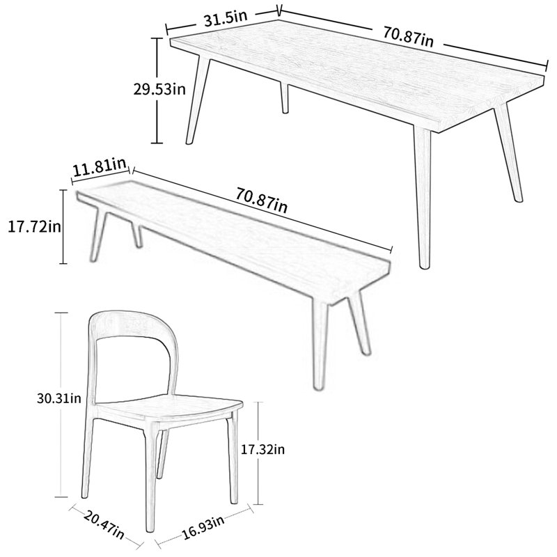 Ensemble de salle à manger rectangulaire, H 29,53 po x L 70,87 po x l 31,5 po