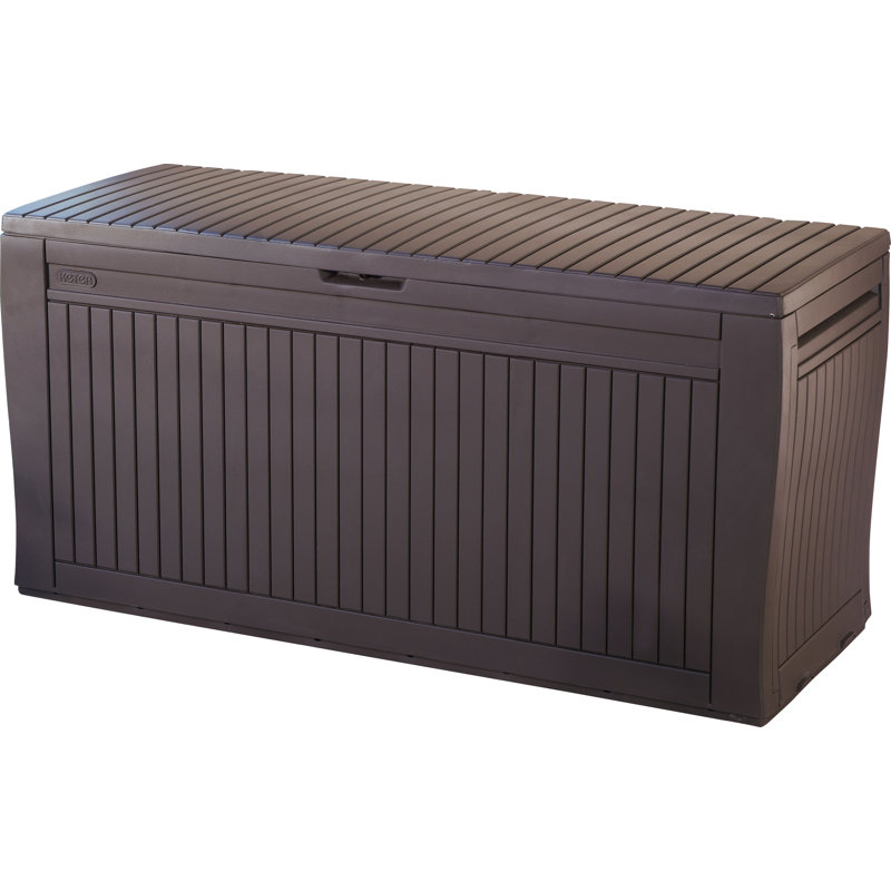 Espresso Brown Lockable Plastic Wicker Deck Box with Wheels
