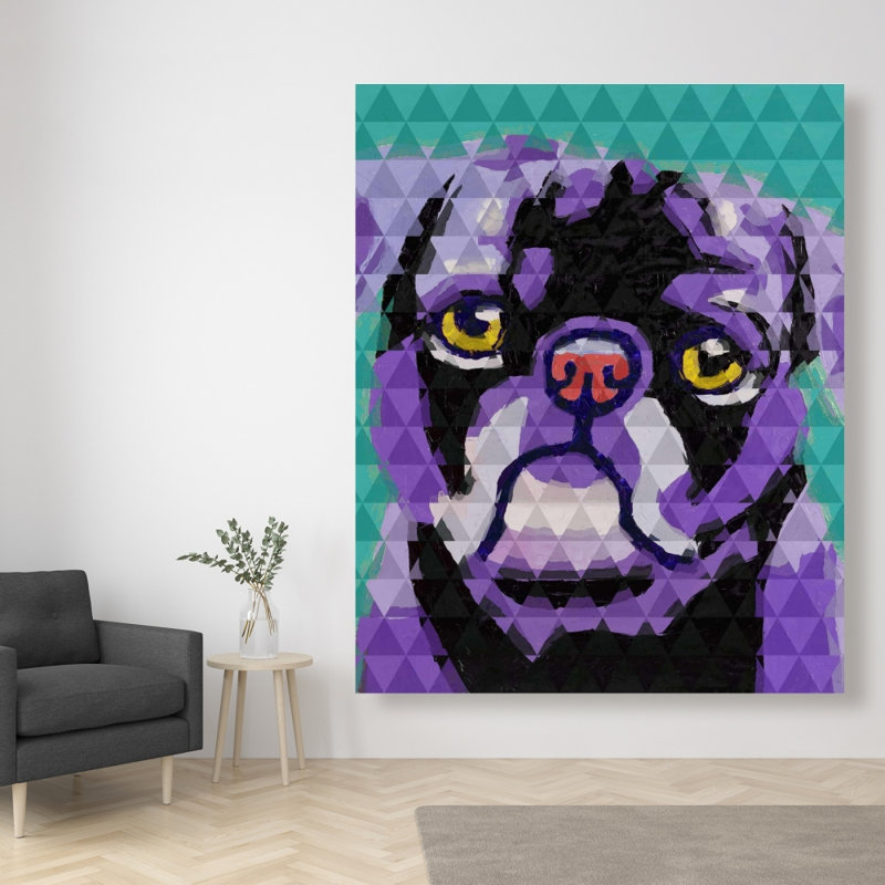 Carlin géométrique, toile mauve | Art animalier pour chambre à coucher