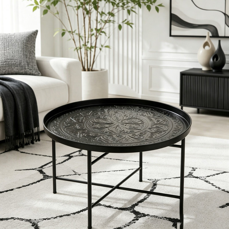 Round Metal Coffee Table with Hammered Pattern