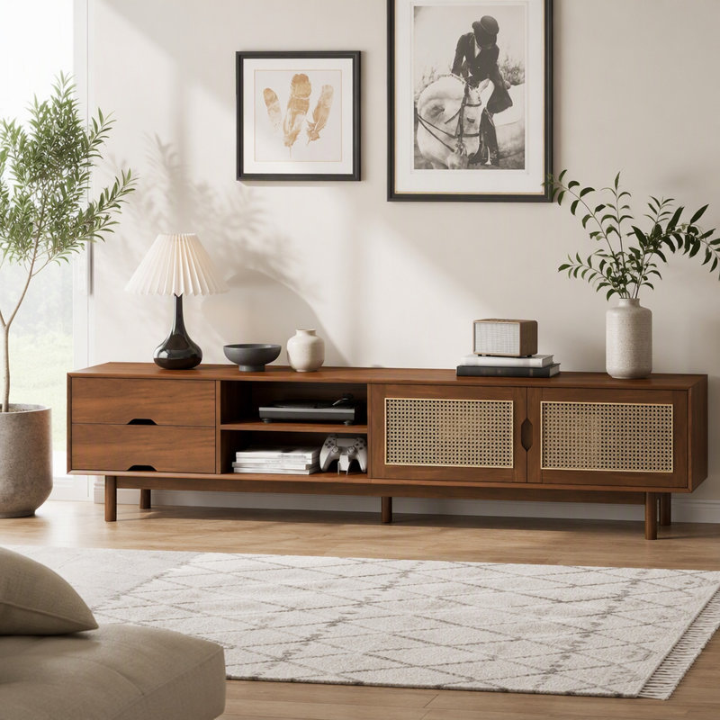 Meuble télé de 78 po avec façades en rotin, console multimédia moderne avec 2 tiroirs et pieds en bois massif pour salon