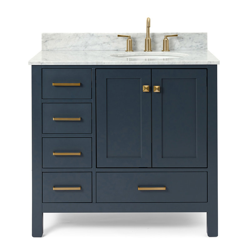Flynt 37'' Single Bathroom Vanity with Carrara Marble Top, Midnight Blue