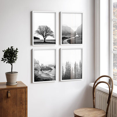 Framed Wall Art Collage Print Gallery Set, Nature Landscape Tree, Mountain Road, Coastal Cliffs Illustrations Modern Decorative Multicolor for Living Room, Office, Bedroom