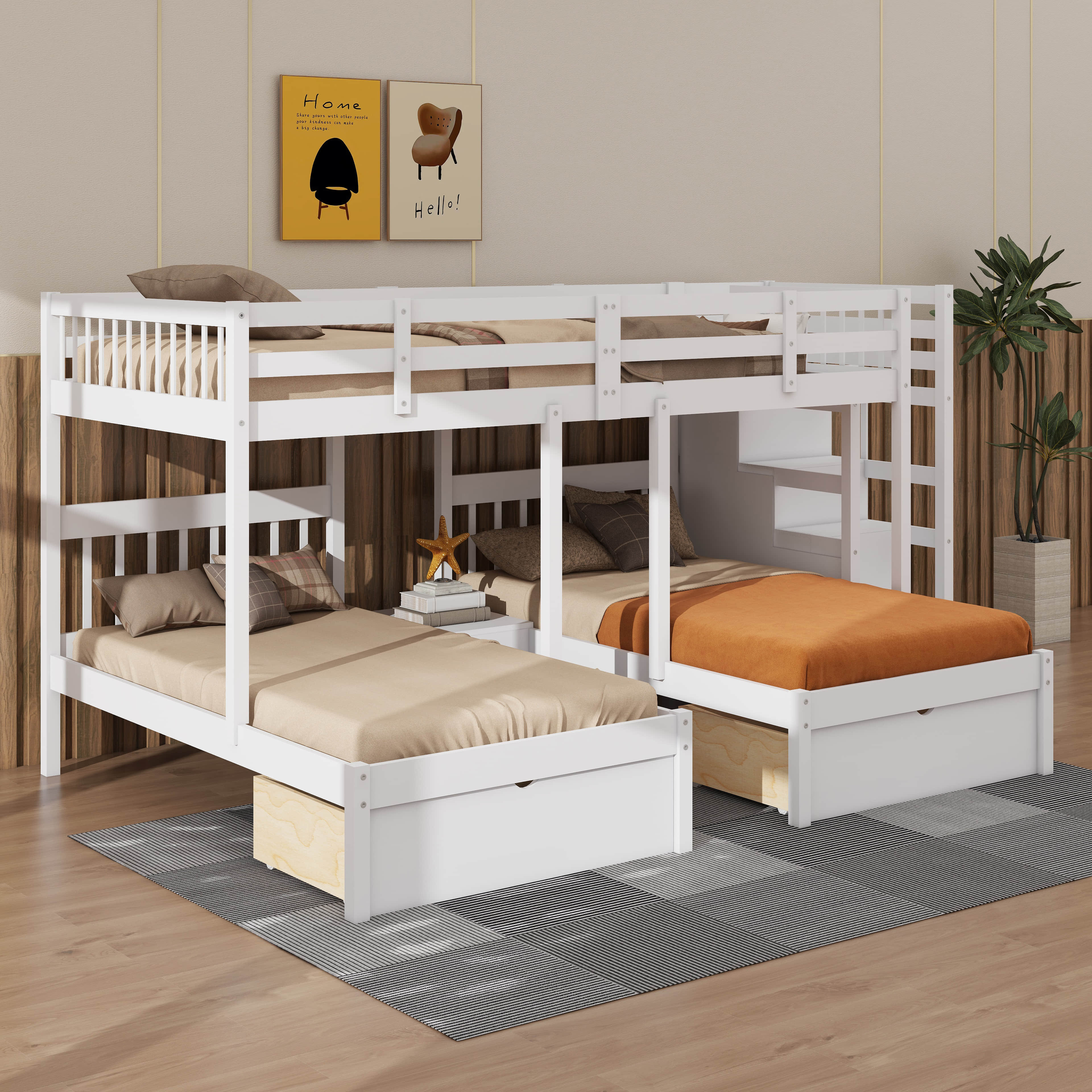 Harriet Bee Wooden Full Twin Twin Combination Bunk Bed With Built In ...