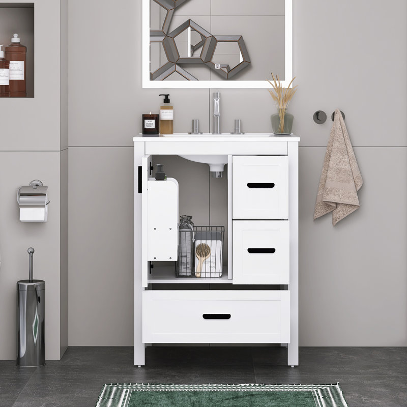 Modern 24" Freestanding Bathroom Vanity With Ceramic Sink, White