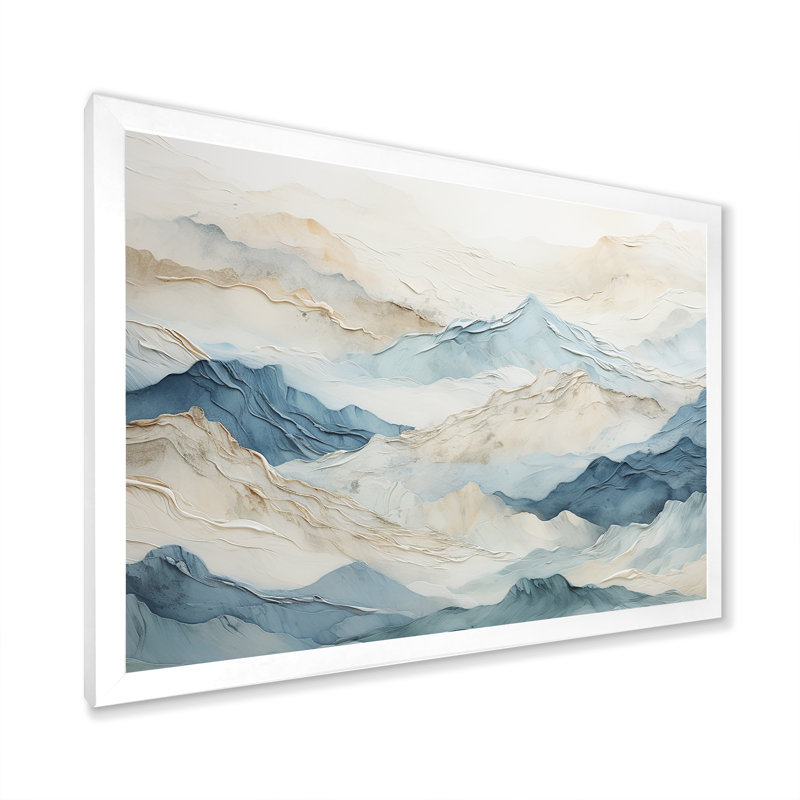 «Minimalisme gris et bleu, brise de montagne - paysage montagneux, reproduction d'art sur toile», Cadre simple blanc