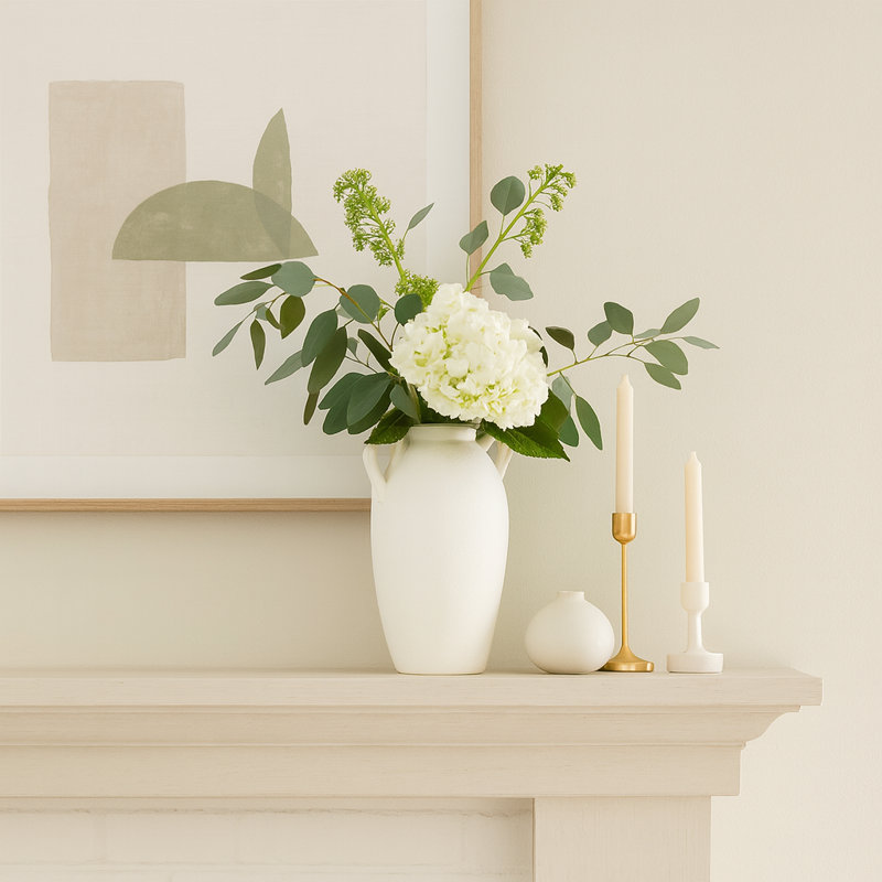 Vase de table texturé avec deux poignées pour la décoration intérieure - Grand vase en céramique pour table et décoration de salon - Blanc