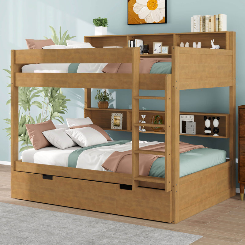 Lit superposé double avec lit gigogne et tablettes intégrées, lit superposé en bois avec rangement, Antique Wood