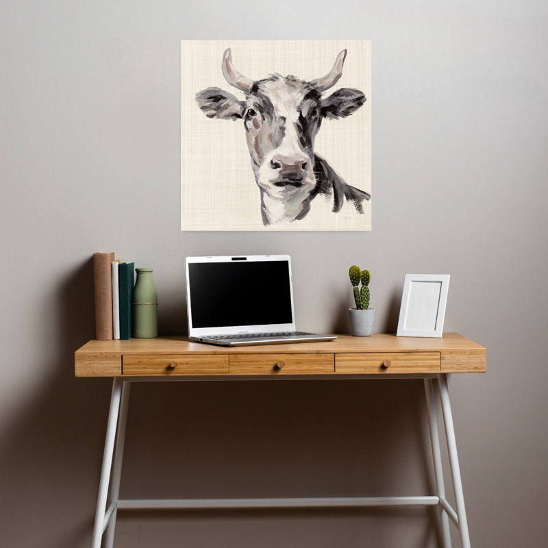 Vache expressionniste II, lin neutre abstrait, vache, paysage naturel, art, H 18 po x l 18 po