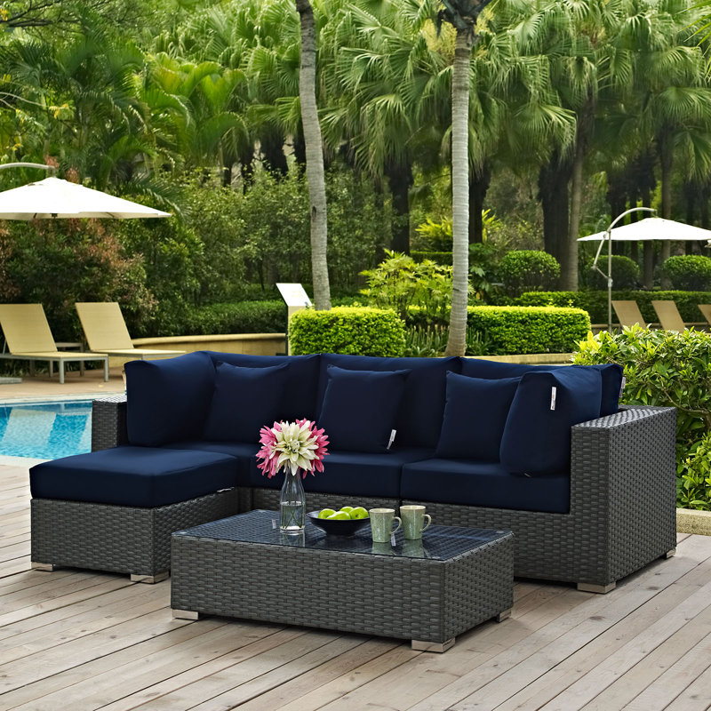 Modway Sojourn Wicker Ratta Outdoor Patio Sectional Set in, Canvas Navy Sunbrella® Canvas