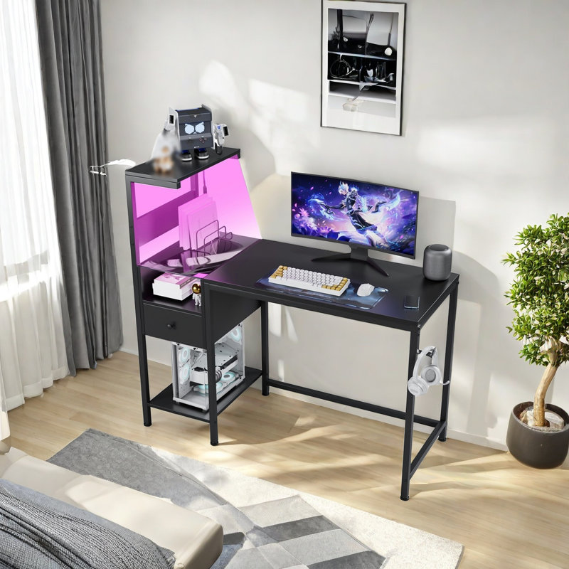 Computer Desk With Power Outlet & Storage Shelves, Black