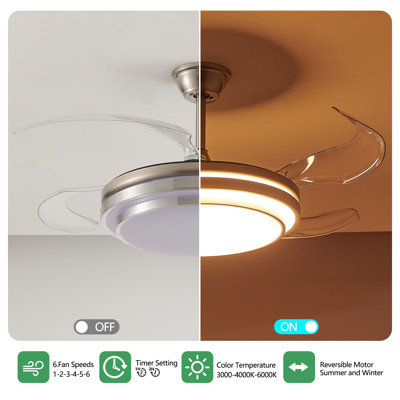 Ventilateur de plafond moderne à DEL 42 pouces à 3 niveaux avec éclairage et télécommande, pales rétractables, moteur à courant continu à 6 vitesses réglable et silencieux pour le salon, la chambre à coucher, la salle à manger