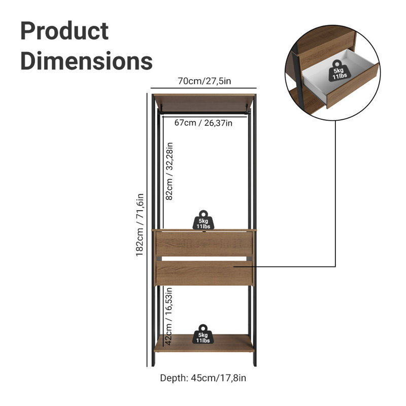  Étagère de rangement à vêtements avec 2 tiroirs et armoire à suspendre L 27 po pour l'organisation de la chambre à coucher - noir / brun