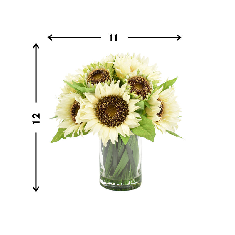 Sunflowers In Glass Vase With Grass, White