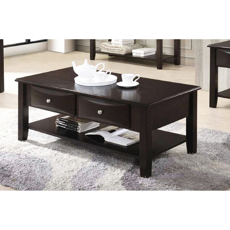 Table basse brune avec de grands tiroirs de rangement et une tablette de 2 po
