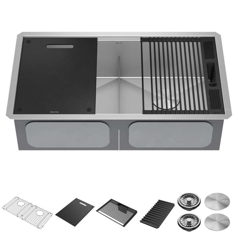 Delta Rivet™ 33" L Workstation Kitchen Sink Undermount 16 Gauge Stainless Steel 50/50 Double Bowl
